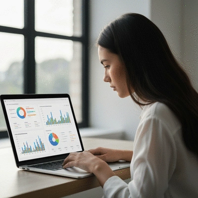 Person analyzing web performance metrics on a laptop with charts and graphs