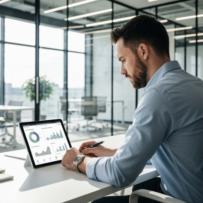 Person analyzing data on a tablet, with charts and graphs related to lead generation