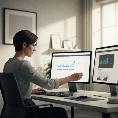 Digital marketing professional working on website optimization, using multiple screens, modern office, no text, no words, no typography, 8K, natural lighting