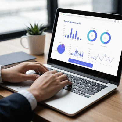 Hands on a laptop keyboard, with a modern, clean website interface showing conversion metrics