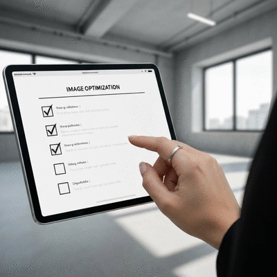 A checklist for image optimization on a tablet, with a person checking items