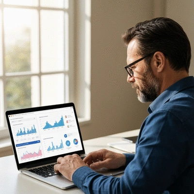 Person analyzing website analytics on a laptop, showing graphs and data, representing conversion-focused web design