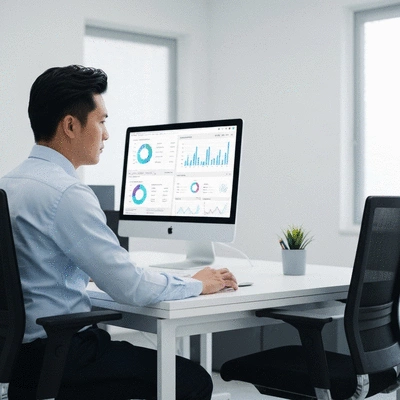 Person analyzing website analytics on a computer screen, showing graphs and data
