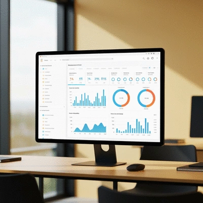 Detailed website analytics dashboard showing various metrics, charts, and heatmaps on a monitor