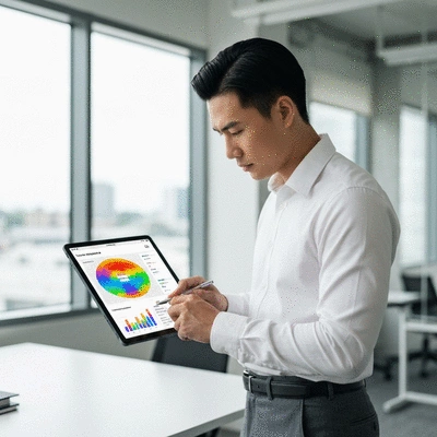 Person analyzing a digital heatmap on a tablet, showing user engagement data, in a modern office setting, bright and informative, no text, no words, no typography, 8K
