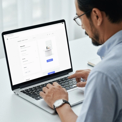 User browsing an e-commerce website on a laptop, clean and modern interface
