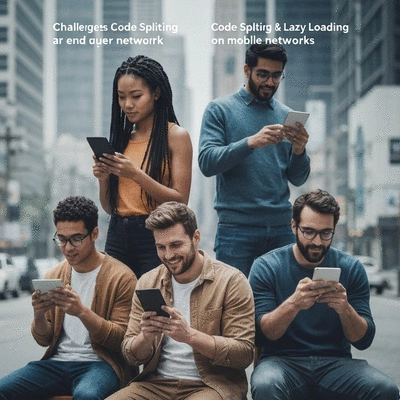 A diverse group of people using mobile devices in various network conditions, illustrating challenges and optimizations for code splitting and lazy loading, clean image, no text, no words, no typography