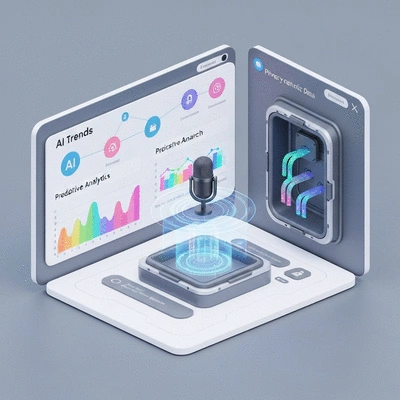 Futuristic digital interface showing AI trends, privacy-centric data