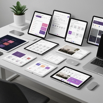 Various mobile design tools and software interfaces laid out on a clean desk, no text, no words, no typography