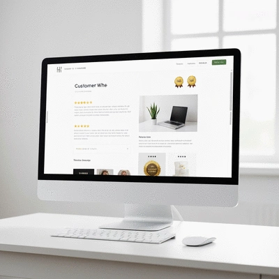 Modern e-commerce website showing customer reviews and trust seals, clean and professional design