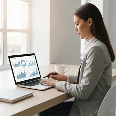 Professional analyzing conversion rate data on a laptop, clean office environment, no text, no words, no typography, 8K, natural lighting